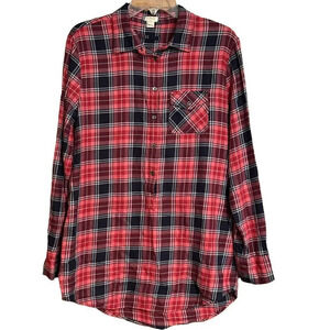 J CREW Pink and Navy Plaid Flannel Tunic with Gold Metallic Threads Size Medium